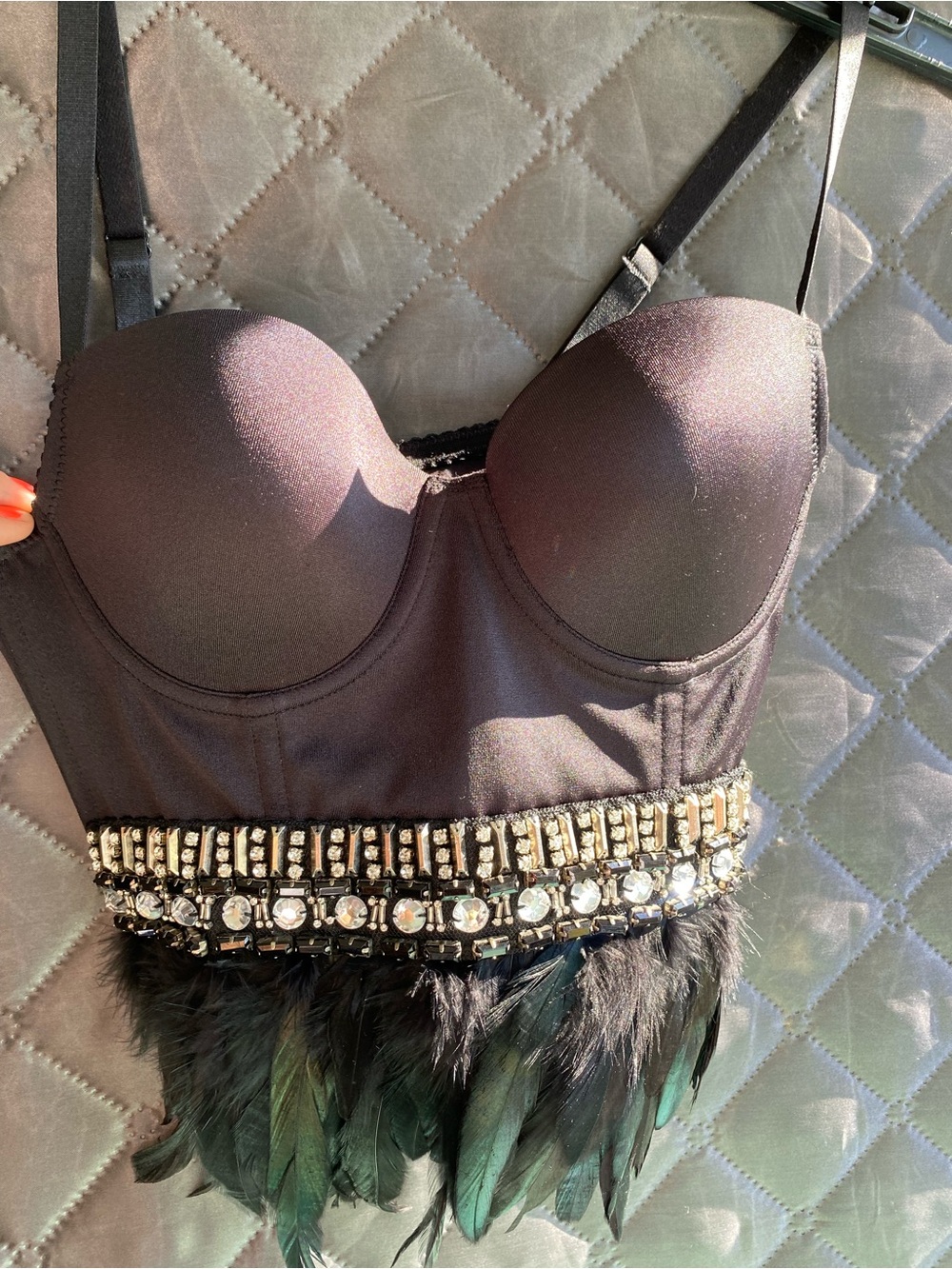 VINTAGE Y2K Bebe Aubrey Feather Trim Rhinestone Bustier Top - Black xs